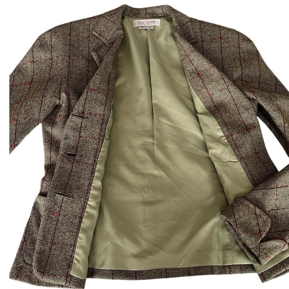 Kay Unger Women Green Red Plaid Timeless Classic Wool Silk Blend Blazer Jacket 6 - Picture 5 of 13